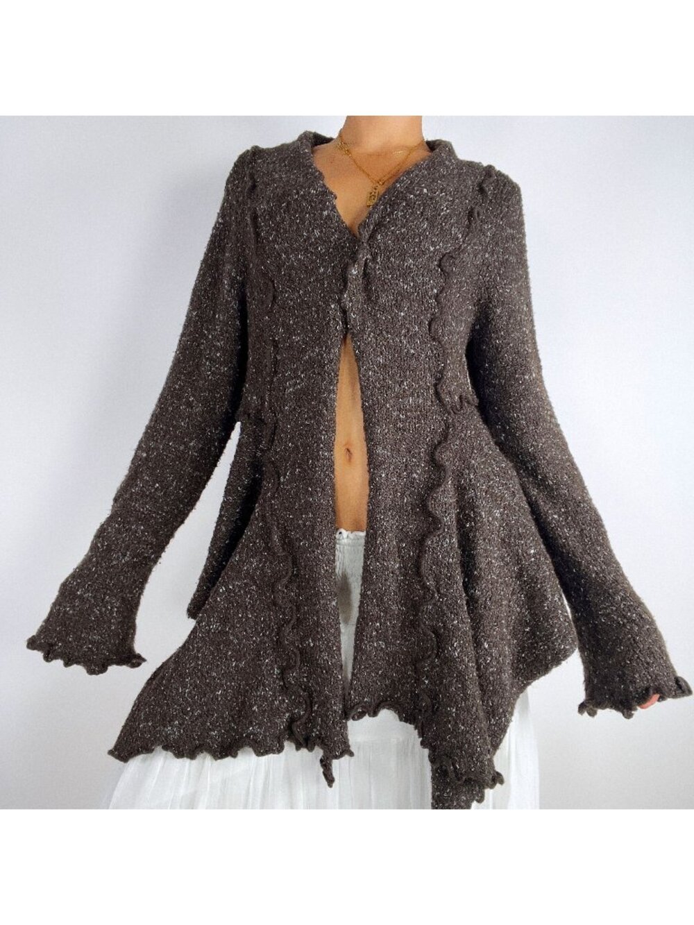 Vintage Y2K Brown Knit Soft Sweater Bohemian Cottage Fairycore Open Cardigan / M